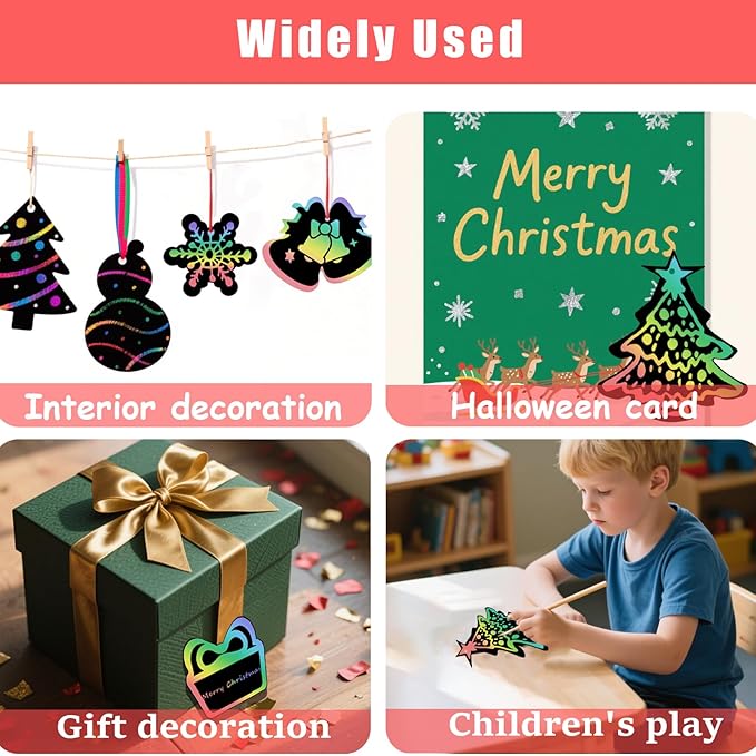 Naturahand 50 Rainbow Scratch Paper with 10 Wooden Scratch Sticks and 50 Red String, Deer Snow Shaped Scratch Off Cards for Christmas DIY Decorations and Art Party Favors(H-4)
