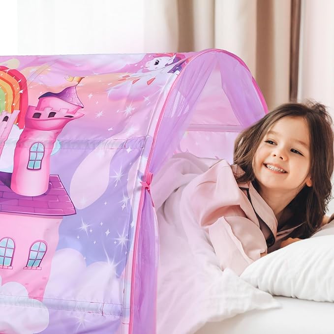 Unicorn Bed Tent for Kids Large Kids Twin Tent Toddler Play Bed with Carry Bag Foldable with String Lights for Girls Boys Bedroom Indoor Games