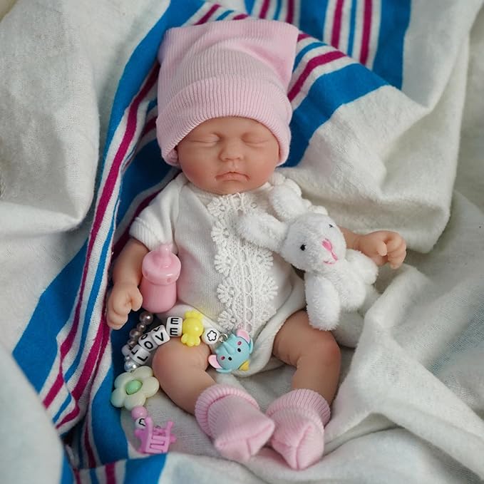 7 inch Full Body Silicone Baby Dolls ，Mini Realistic Newborn Baby Doll Real Life Miniature Baby Doll with Feeding Accessories