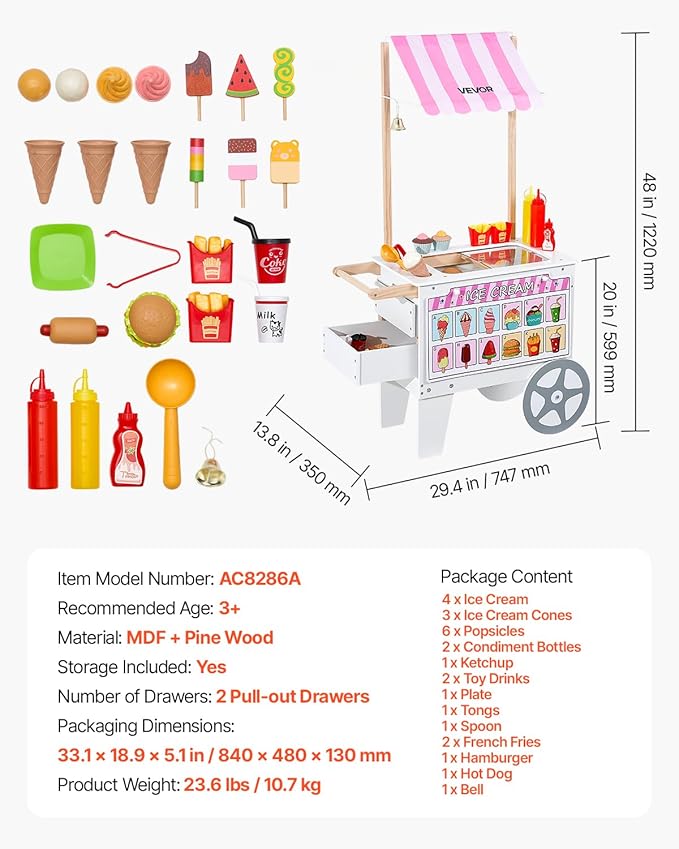 VEVOR Ice Cream Cart for Kids, 20+ PCS Accessories, Pretend Play Ice Cream Shop Kitchen Food Toys with Ice Cream Cone & Popsicle, Awning & Freezer, Storage Drawers & Flipping Menus, for Kids Aged 3-7