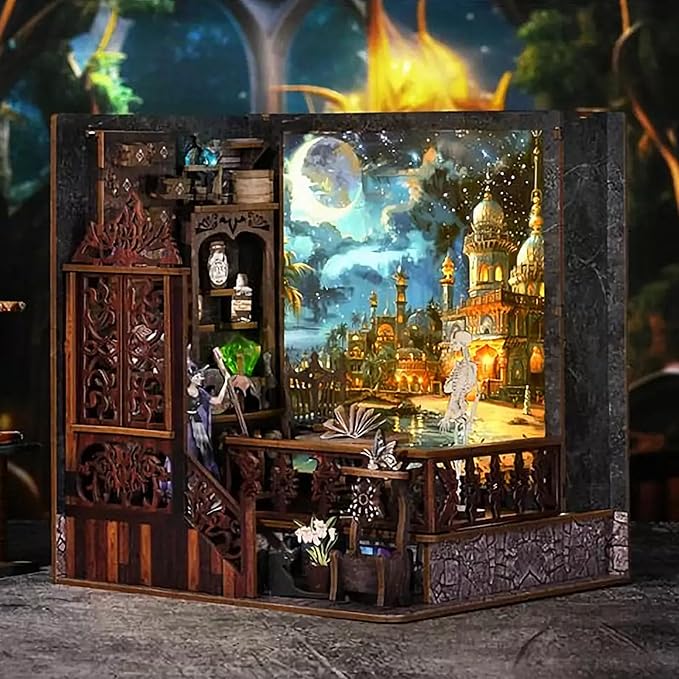 DIY Book Nook Kit, Miniature Bookshelf Decor with LED Lights, Laser-Cut Wooden Craft Set for Adults, Creative Gift for Christmas, Birthday, Magic Exploration