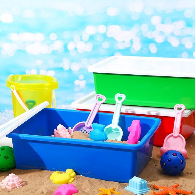 3 Pcs Portable Sand Tray with Lid 15.5 x 11.6 x 5 Inch Small Plastic Sand Box Stackable Sensory Bin Indoor Outdoor Water Play Gifts for Girls Boys School Home(Red, Blue, Green)