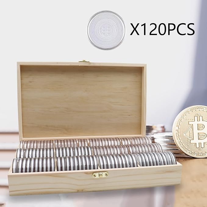 20-46 mm Wooden Coin Holder, 120 Pcs Highly Transparent Coin Capsules with Foam Gasket, Coins Collector Case Holder, Professional Coin Storage Case Box for Coin Collection (Wood Color)