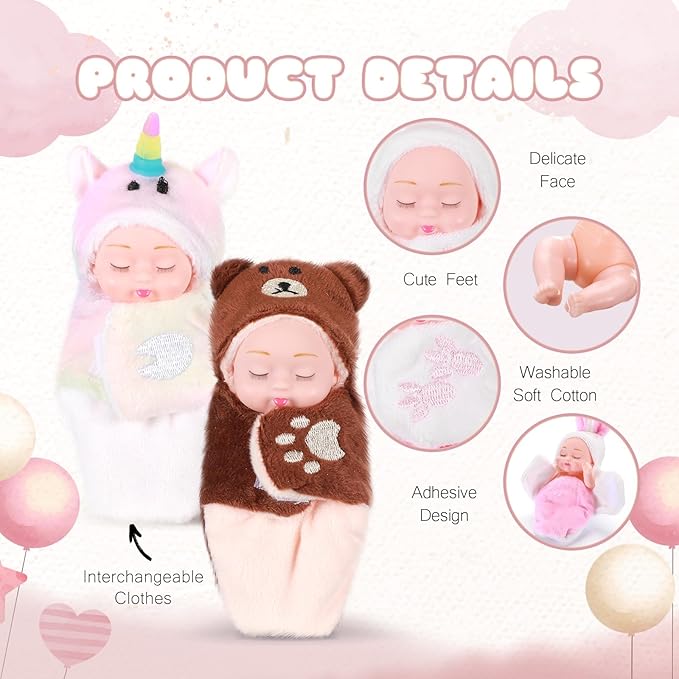 Hanaive 4 Pcs 4 Inch Mini Baby Dolls Lifelike Realistic Baby Dolls Animal Clothes Cute Tiny Gifts for Kids Birthday Party(Kawaii Style)