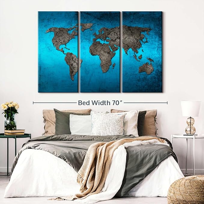 ElephantStock Ocean World Map Multi Piece Canvas - 3 Panel Wall Decor - Map of the World Art - Canvas for the Office and Home - 65" X 42"