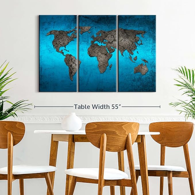 ElephantStock Ocean World Map Multi Piece Canvas - 3 Panel Wall Decor - Map of the World Art - Canvas for the Office and Home - 50" X 32"