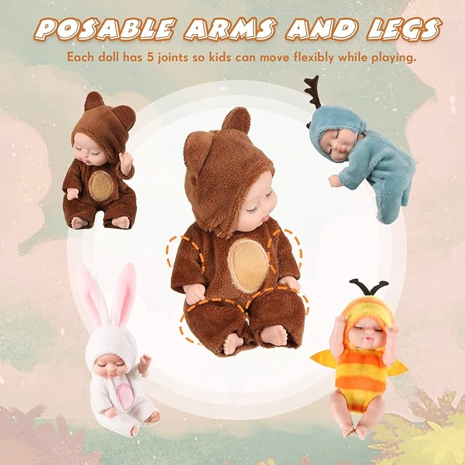 Hanaive 4 Pcs 4 Inch Mini Baby Dolls Lifelike Realistic Baby Dolls Animal Clothes Cute Tiny Gifts for Kids Birthday Party(Cute Style)