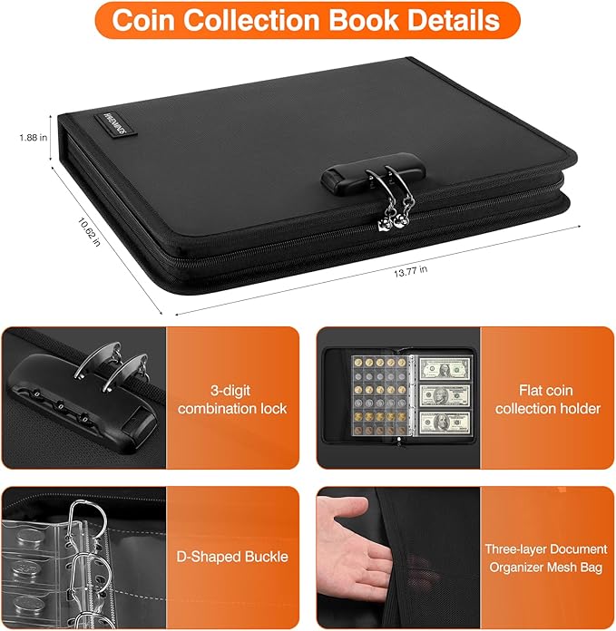 Coin Collection Book with 520 Pockets Coin Holders, Coin Albums for Collectors Coin Sleeves-Paper Money Binder Organizer Coins Storage Case with Lock,Collecting Coin Collection Supplies for Bill,Stamp