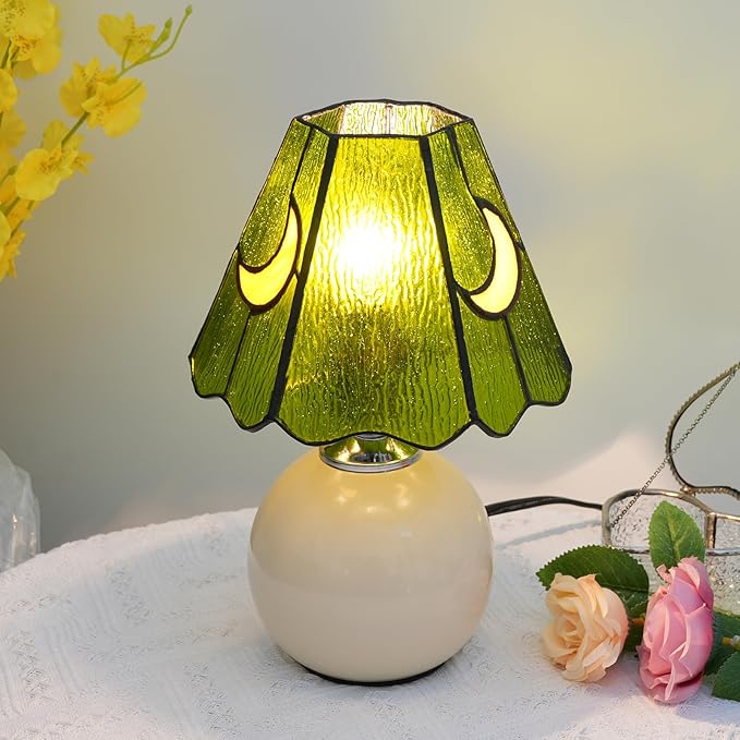 Mushroom Lamp Tiffany Stained Glass Moon lamp Cute Small Bedside Table Lamps for Living Room Home Decor,Girls Women Birthday Christmas Thanksgiving Day Gift,Green