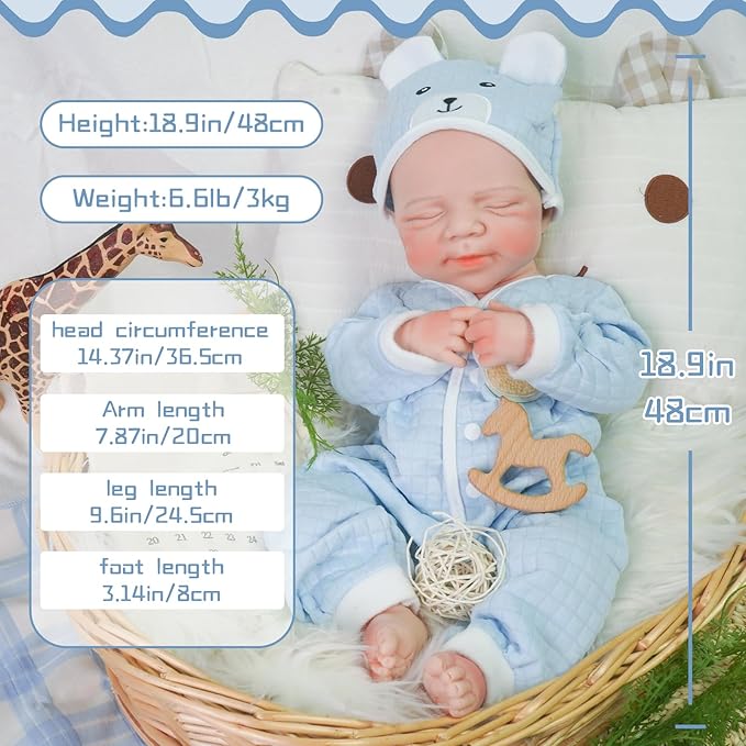 Reborn Baby Dolls Silicone Full Body 18.89in Weighted Real Life Closed-Eyes Boy Dolls Lifelike Newborn Baby Soft Body Flexible Limbs Not Vinyl
