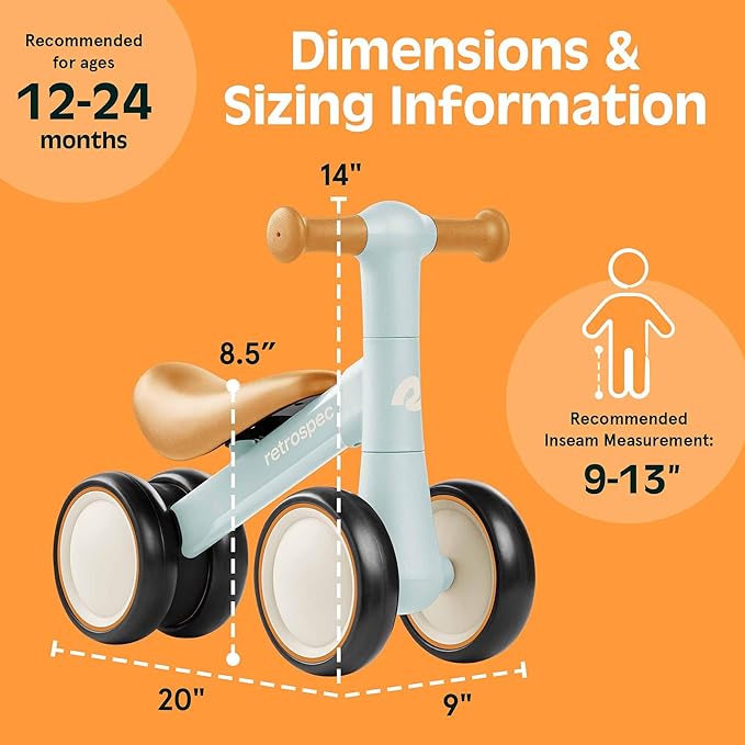 Retrospec Cricket 2 Baby Walker Balance Bike with 4 Wheels - Safe Learning Toy for Ages 12-24 Months - Scratch-Resistant Indoor Outdoor Toddler Riding Toy with Steering Limit & Soft Grips