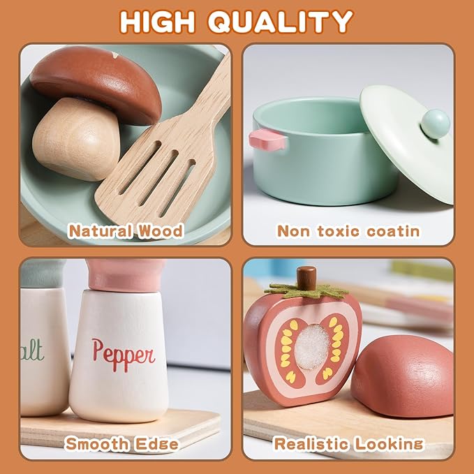 Wooden Play Kitchen Accessories Pretend Toy Pots and Pans Sets for Kids Kitchen Playset with Toy Stove Toddler Cooking Sets Food Toys for Toddlers 3-5 Gifts for Girls Boys (Wooden Cooking Set)