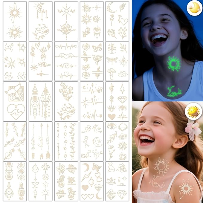 Glow Tiny Temporary Tattoo for Women Men, Luminous Star Sun Heart Butterfly Fake Tattoos, Classical Line Words for Adult Kid Arm Neck Body Tattoos Stickers Party Supplies Realistic, 60 Sheets