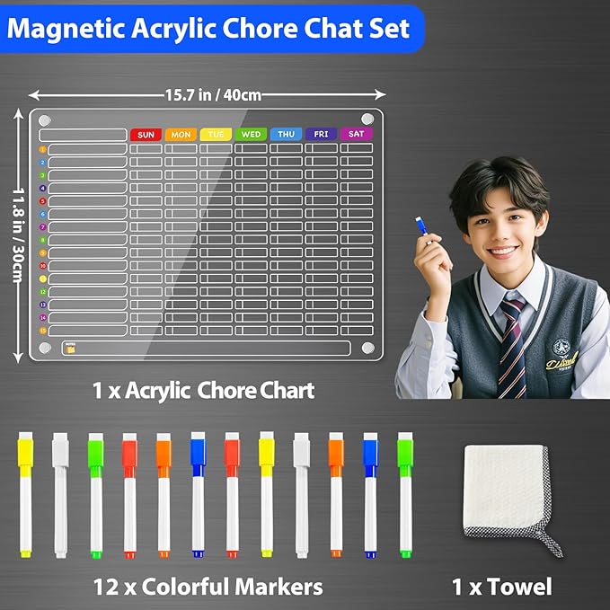 PigPotParty Acrylic Magnetic Chore Chart for Family & Multiple Kids – 16"x12" Large Dry Erase Chore Board for Fridge, Daily & Weekly Responsibility Chart for Adults, Includes 12 Markers & 1 Towel