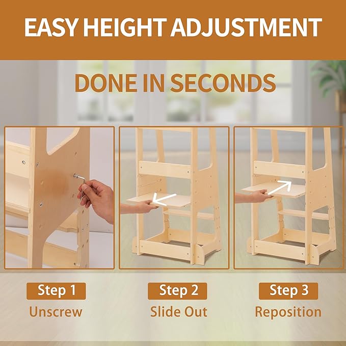 Toddler Kitchen Helper Tower for Ages 1–6 – 3-Level Adjustable Learning Tower with Safety Design, Toddler Standing Tower & Kitchen Helper Stool, CPC Certified, Natural