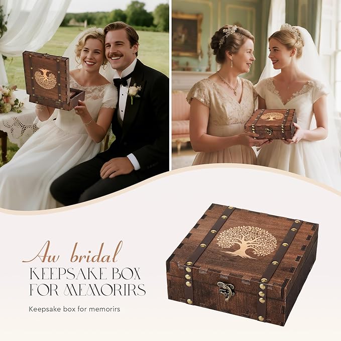 AW BRIDAL Wedding Keepsake Box with Tree of Life Engraved, Wood Decorative and Storage Boxes, Bridal Shower Gifts for Bride, Engagement Gifts for Couples Newly Engaged, Anniversary Marriage Presents