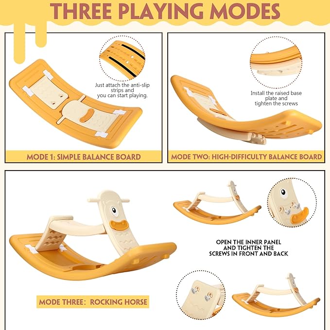 Rocking Horse 2 in 1 Wobble Balance Board for Kids 3-5 Year Old Rocker Board Baby Rocking Toy with Pedal and Backrest Open Ended Learning Toy for Preschool Birthday Christmas, Duck Design