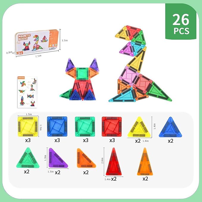 26PCS Mini Magnetic Tiles Building Blocks Set with Portable Iron Case, STEM Travel Toys for Kids Ages 3+, Educational Magnet Construction Puzzles for Boys and Girls,Toddler Puzzle Birthday Gift Toys