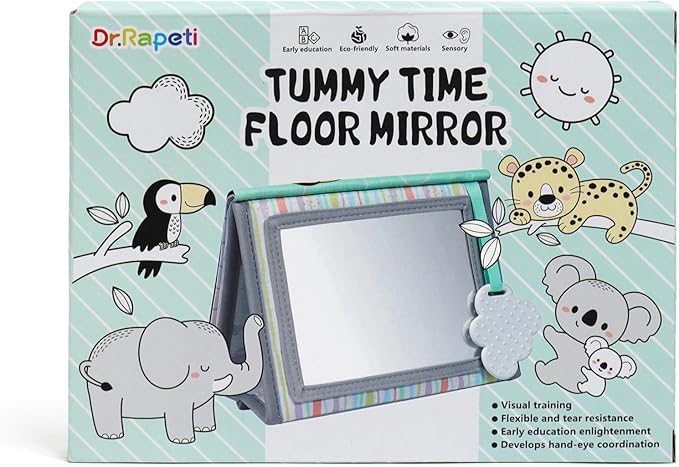 Dr.Rapeti Soft Tummy Time Book Baby Safe Mirror with Teether Crinkle Pages Tummy Time Mirror High Contrast Montessori Sensory Toy Tummy Time Toy for Newborn Baby Infant for 0+