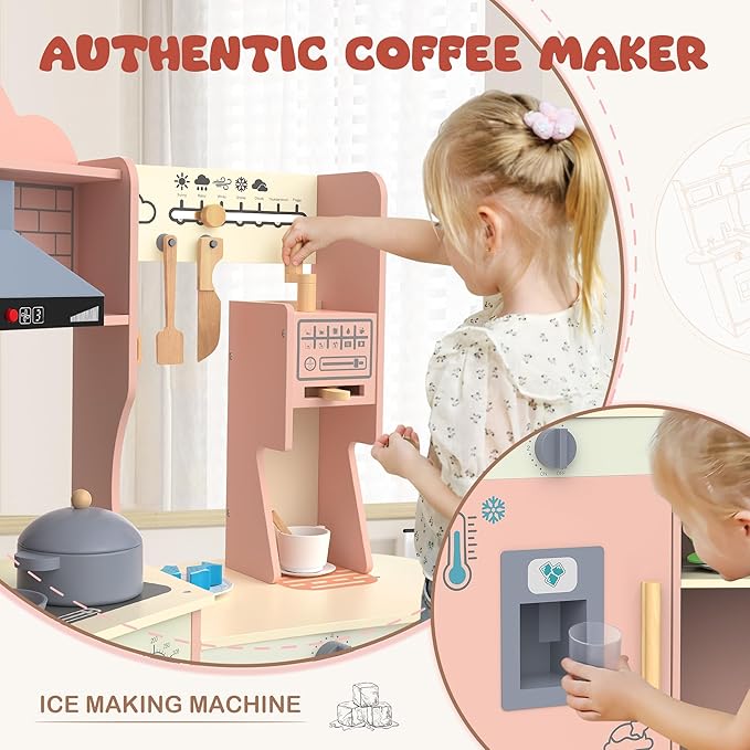 ANPABO Play Kitchen for Kids, Wooden Kids Kitchen Playset for Toddlers with Real Lights & Sounds, Pretend Play Toys with Coffee & Ice Maker, 30Pcs Toy Kitchen Accessories Gift for Boys & Girls