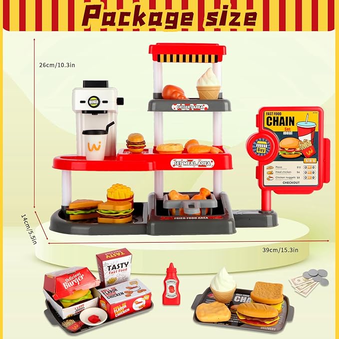 Pretend Play Food Toy for Kids Kitchen with Cash Register, Coffee Maker, 71 Pcs Fast Food Set with Burger, Fries, Ice Cream, Play Money, Educational Birthday Gift for Boys Girls Ages 3-8 (Red)