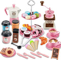 Pretend Tea Party Set for Little Girls, 41 PCS Coffee Maker Set and Play Food Dessert Set for Kids Age 3 4 5 6 7 8 9（Pink）