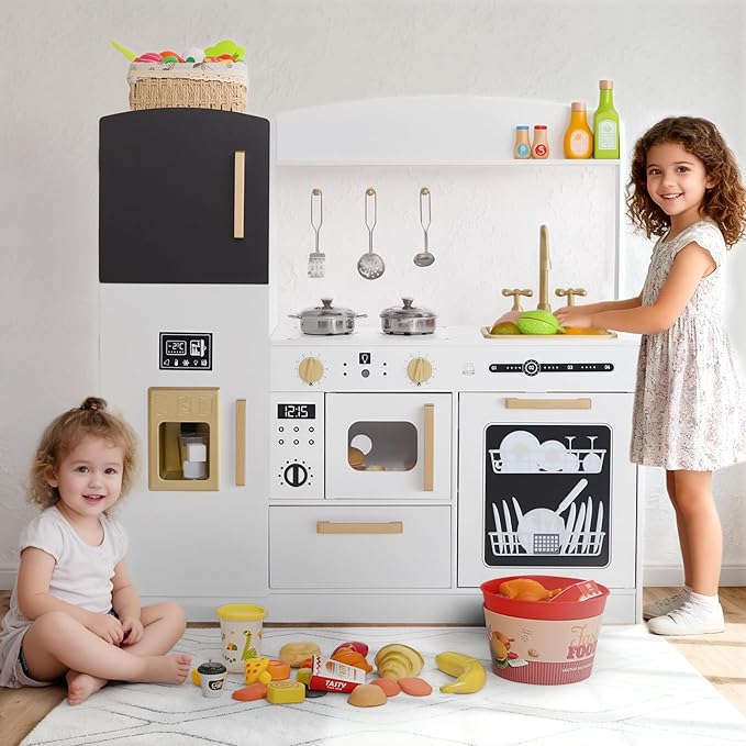 Kinder King Wooden Kids Play Kitchen, Toy Kitchen Playset for Toddler, Play Kitchen Set w/Blackboard, Transparent Coloring Board, Pretend Dishwasher, Oven, Ice Maker, Gift for Boys Girls Age 3+, White