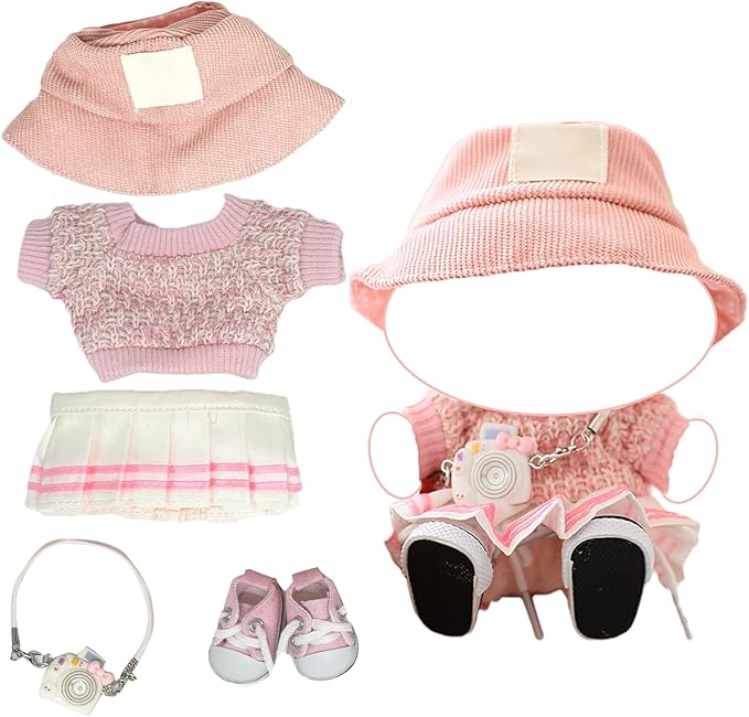Clothes for 17cm Doll (Clothes Only) – 5-Piece Outfit Set with Sweater, Skirt, Hat, Canvas Shoes and Camera Bag – 17cm Doll Accessories for a Cute and Stylish Look