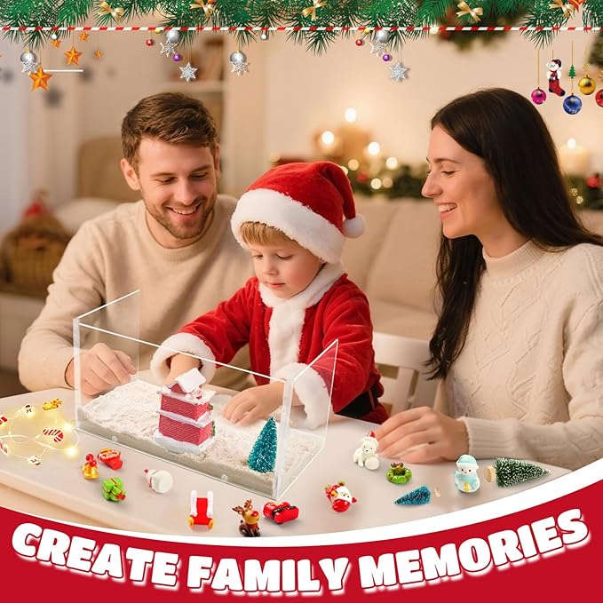 Rhybor Christmas Sensory Bin, Christmas Craft Kits Sand Art Play Kits with Santa, Reindeer, Snowman, Mini Christmas Tree Holiday Sensory Play Set Christmas Xmas Gift Decorations for Adult Kid