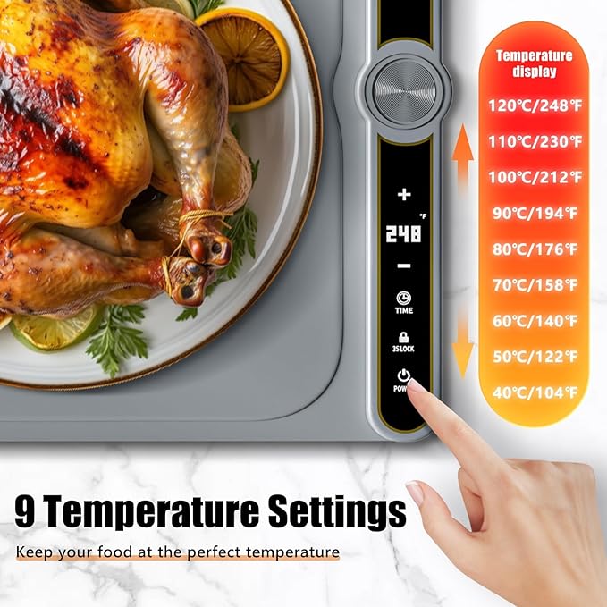 Warming Mat for Food extra large, Silicone Heating Mat For Food, 15"x31.6" Foldable Food Warming Mats for Countertops, Parties, and Daily Use with Timer and 9 Temperature Levels