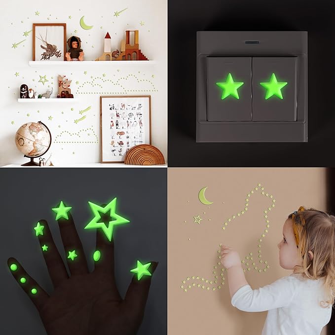 Glow in The Dark Stickers for Ceiling,447PCS Lasting and Bright Glow Stars,3D Glowing Star,Luminous Moon and Stars Decor,Decals for Kids Room.Party Birthday Gift.Green