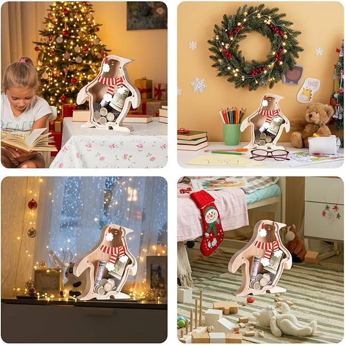 Wooden Christmas Piggy Bank for Kids, Adorable Penguin Piggy Bank with Acrylic Panels, Unbreakable Toddler Money Box for Boys Girls, Cute Saving Coin Jar for Birthday, Decor