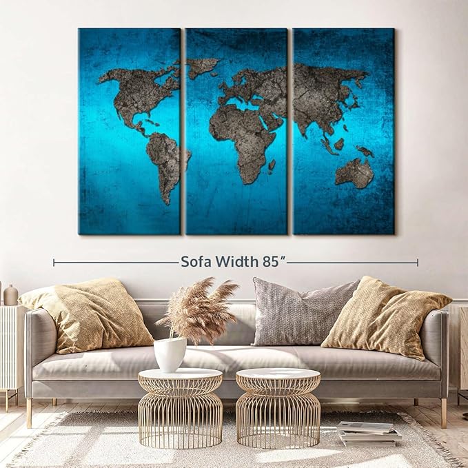 ElephantStock Ocean World Map Multi Piece Canvas - 3 Panel Wall Decor - Map of the World Art - Canvas for the Office and Home - 74" X 48"
