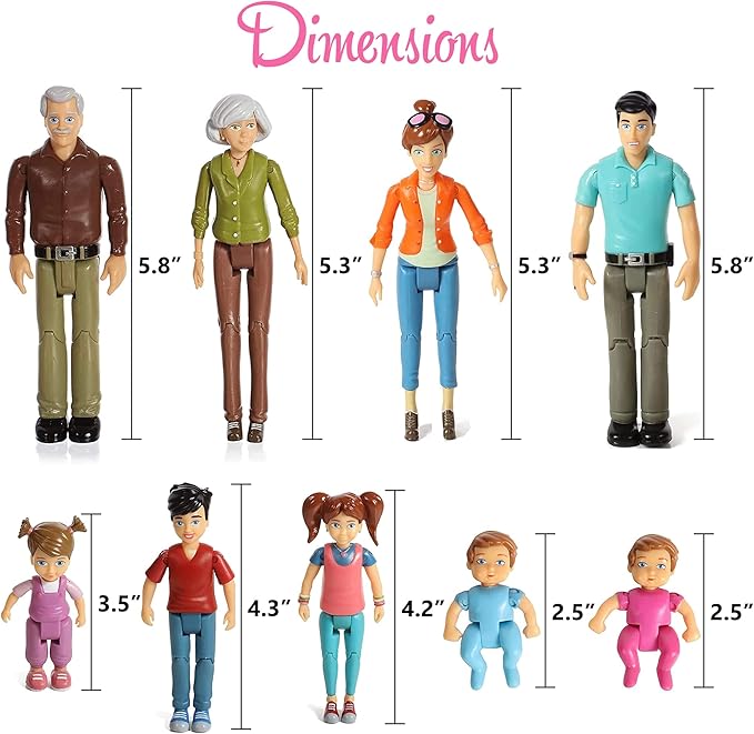 Beverly Hills Sweet Li’l Family Bendable Doll House Figurines Set of 9 - Grandpa, Grandma, Mom, Dad, Sister, Brother, Toddler, Twin Boy & Girl