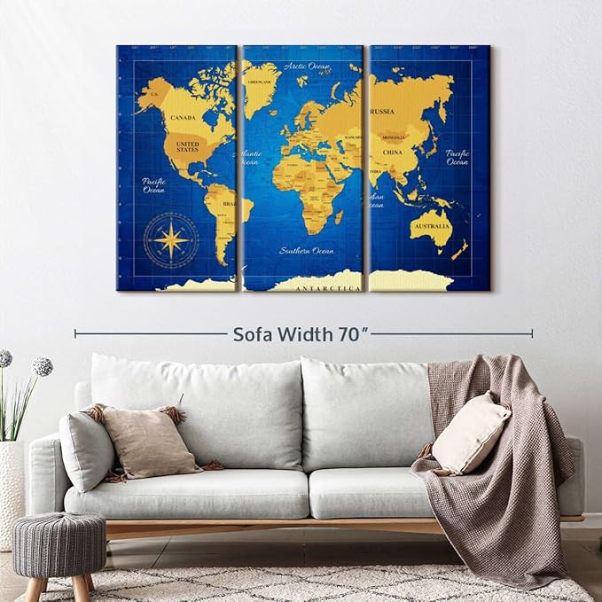 ElephantStock Yellow Longitude World Map Multi Piece Canvas - 3 Panel Wall Decor - Map of the World Art - Canvas for the Office and Home - 57" X 36"