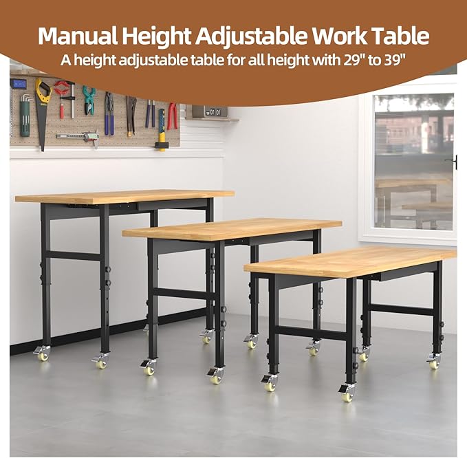 48' Adjustable Solid Wood Workbench with Wheels, Large Load Capacity Rolling Workbench, Heavy Duty Metal Tool Work Bench Table for Garage, Workshop, Office, Home