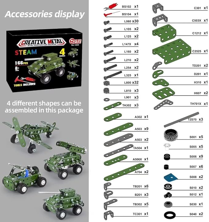 Metal Building Military Series Assembly Toys,Small Construction Set for Kids Ages 4-8, Military Toys for Boys Age 8-12,STEM Toy Gifts for Model Army Kit(166pcs No Motor)