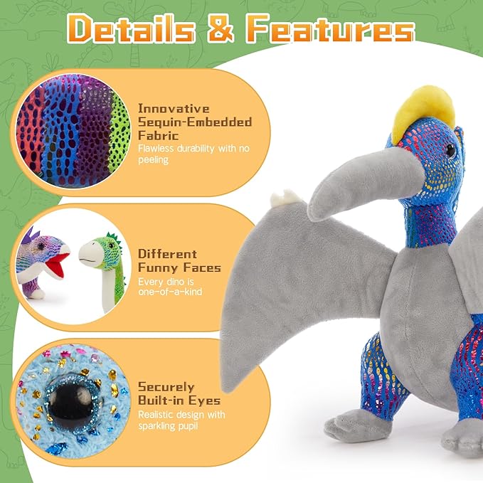 MaoGoLan 6 Pack Dinosaur Stuffed Animals Bulk 12in Dinosaur Plush Toy Collectible Dino Squad (T-Rex Velociraptor Stegosaurus Triceratops Pterodactyl), Kids Girls Boys Christmas