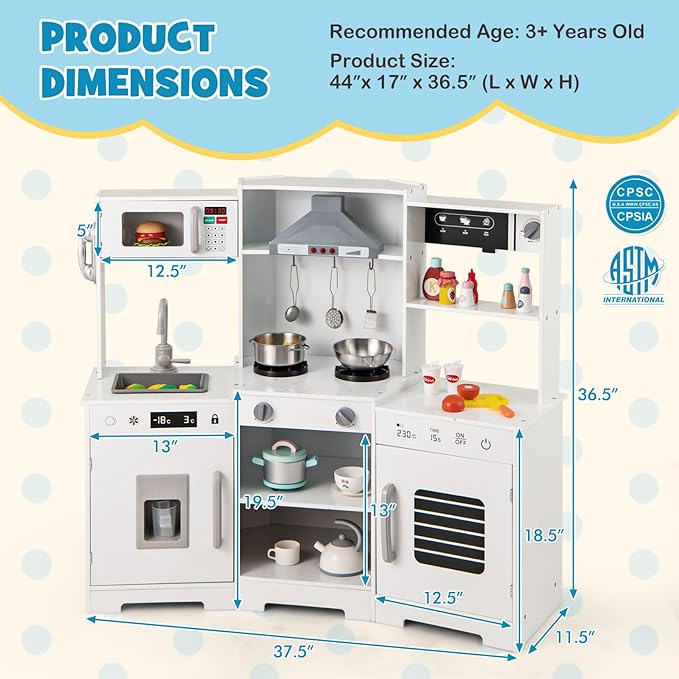 Costzon Corner Kids Kitchen Playset, Wooden Toy Kitchen Set with Range Hood, Ice Maker, Pretend Telephone, Sink, Faucet, Microwave, Oven, Play Kitchen with Lights and Sounds for Toddlers (White)