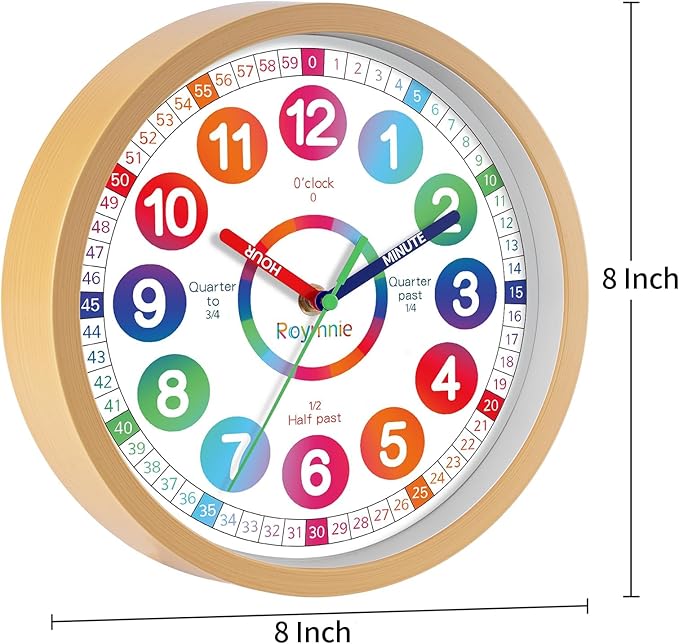 Wall Clock for Kids Learning - Teaching Time Wall Clocks Battery Operated Silent Non Ticking - Analog Colorful Clock Decorative for Kids Room Classroom School(8 Inch)