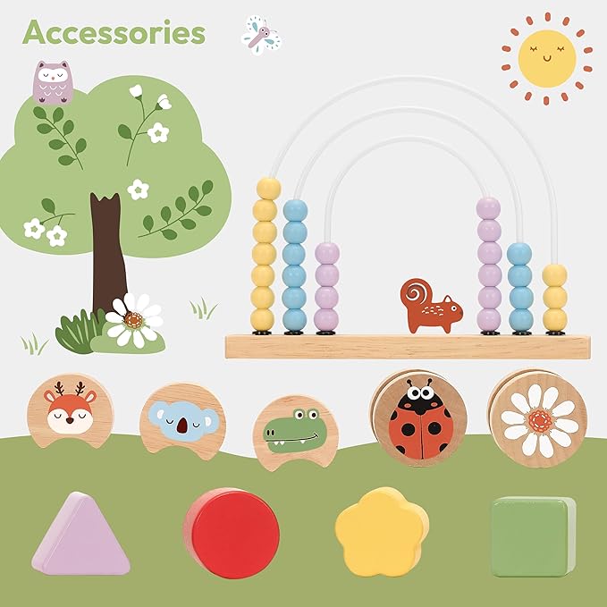 9-in-1 Wooden Activity Cube Baby Busy Board, Montessori Toys for Toddler Play Activity Center, Early Educational Toys with Shape Sorter, Abacus & Gear Toy, Sensory Gifts for Boys Girls