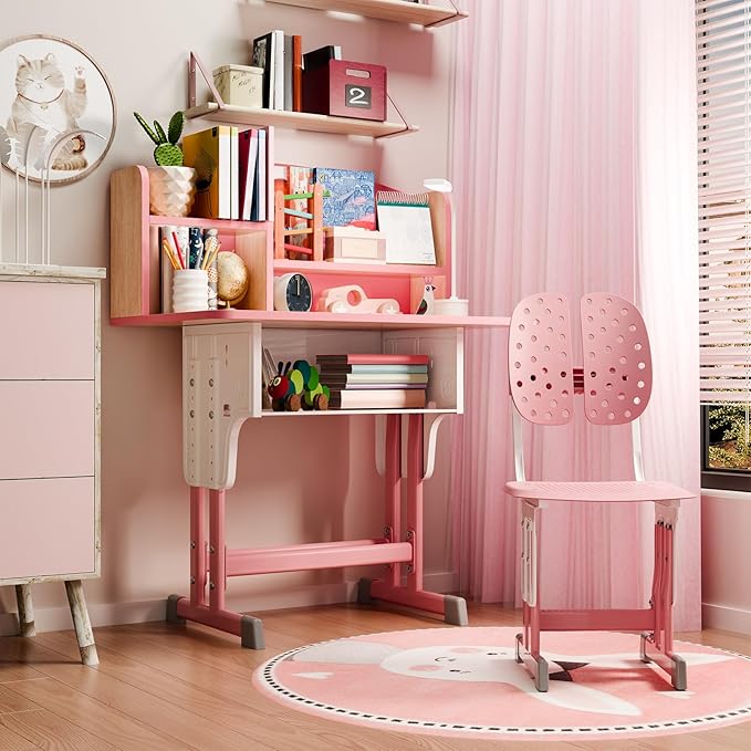 2025 NEW Kid's Study Desk and Chair Set, Ergonomic Height Adjustable Children Study Desk with Tilt Desktop, Book Stand, Light, Metal Hook and Storage Drawer,Gift for Boys Girls (Pink 70cm no lean)