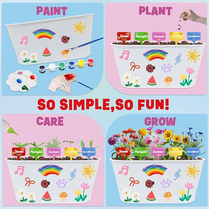 Paint & Plant Kids Gardening Set with 5 Flower Seeds, Arts and Crafts for Kids Ages 4-12, Science STEM Toys for Toddler Education, Birthday Gifts Ideas for Girls & Boys 4 5 6 7 8 9 10 11 12 Year Old