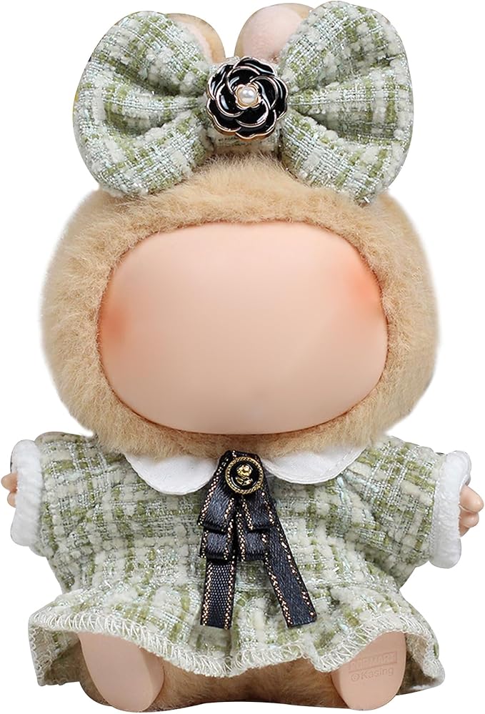 17cm Doll Clothes for Labubu - Luxury Chic Style Set for 17cm Dolls, Premium Doll Outfit with Accessories - Green Plaid Tweed Dress + Black Necktie + Plaid Bow (Clothes Only)
