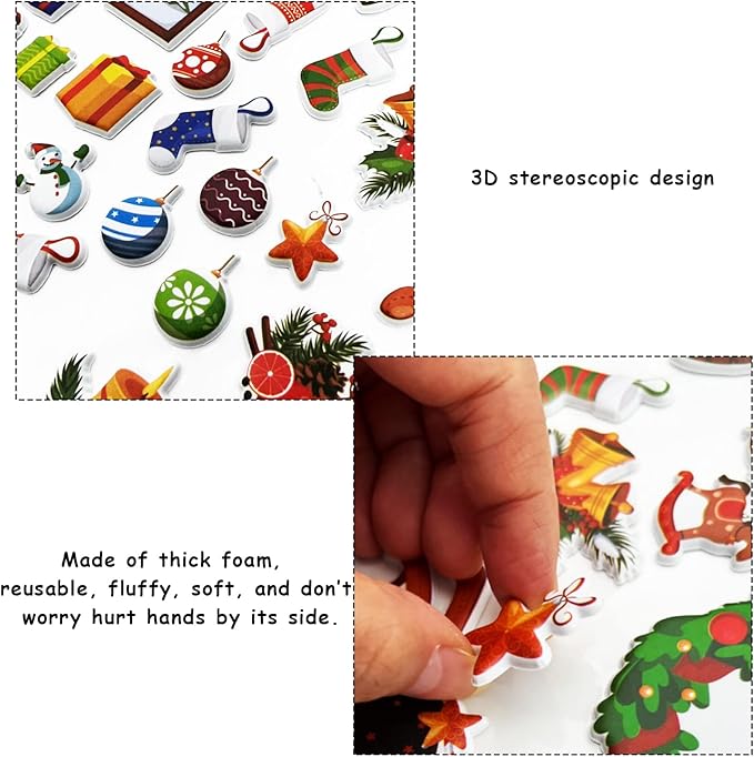 Christmas 3D Puffy Sticker Play Set Xmas Activity Book for Kids Toddlers 2-4 Toys Sticker Merry Christmas Holiday Party Supplies 100 Reusable Puffy Window Decals 2 Fold-Out Fireplace Scenes