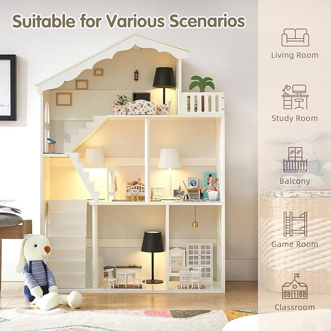 Wooden Dollhouse Bookshelf 3-Tier Doll House Bookcase Kids Books Toys Dolls Storage Organizer Shelves for Children's Bedroom Playroom Kindergarten Nursery Gift for Boys Girls Ages 3-8 Years Old