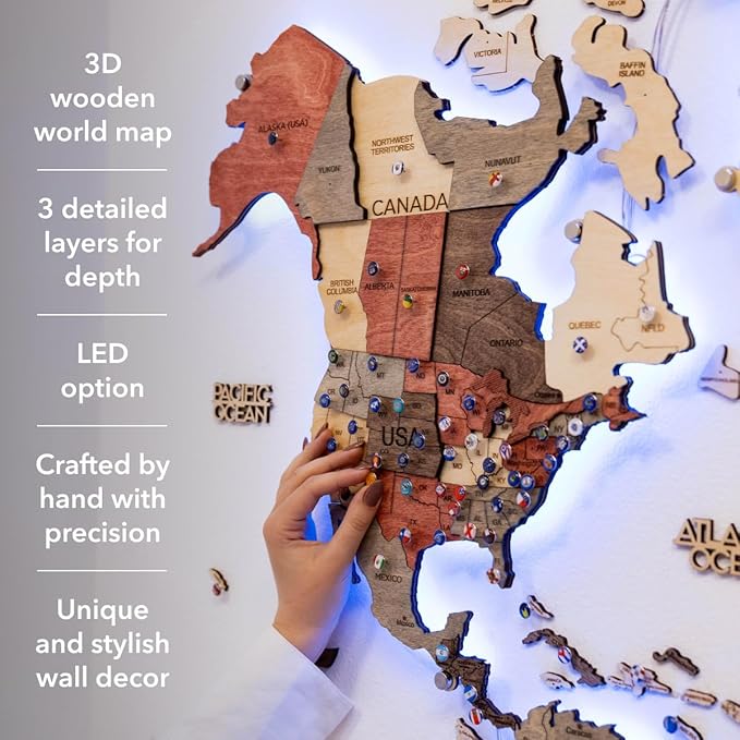 Enjoy The Wood 3D Wood World Map LED 3.0 Wall Art Modern Home Decor Gifts LED Lighting Wall Decor Housewarming Gift (Fusion)