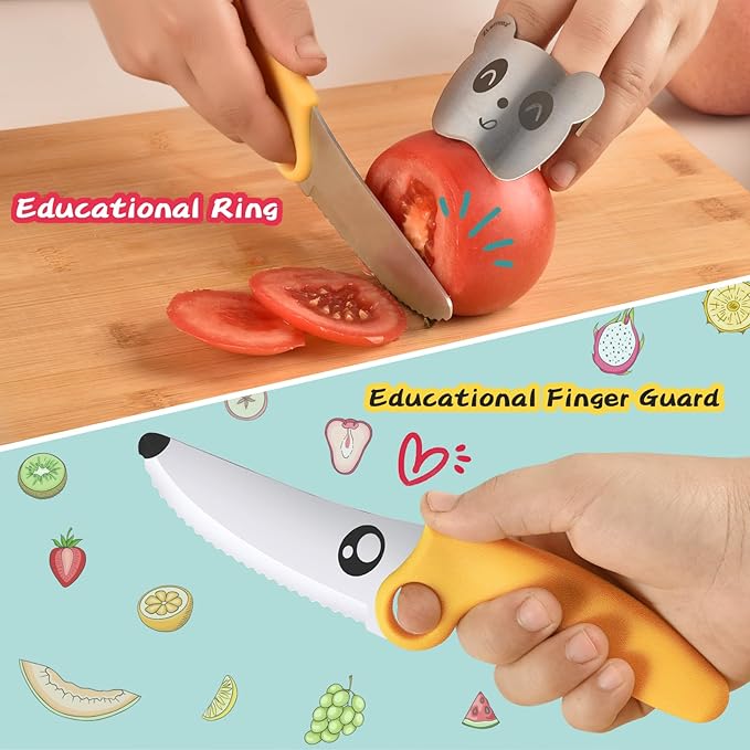 Kids Chef Knife Set for Real Cooking with Safe Finger Guard, Stainless Steel Blade & PP Handle,Perfect for Training Cutting Montessori Kitchen Tool, Kid-Friendly BPA Free (Yellow)