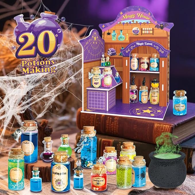 BEIREG Magic Potion Kits for Kids, Potion Making Kit with 20 Magic Mixed Potion Bottles & Witches Cauldron, Mystery House Craft for Christmas Halloween Crafts Gifts for Kids Girls 6 7 8 9 10+