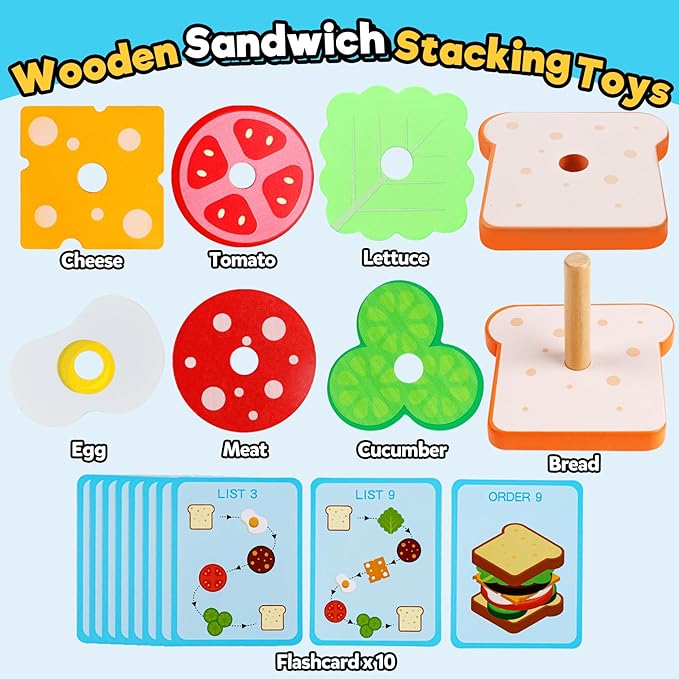 kizh Wooden Sandwich Sorting Stacking Toys Play Food Set for Toddlers Preschool Educational Montessori Toys Fine Motor Toy for Kids Boys Girls